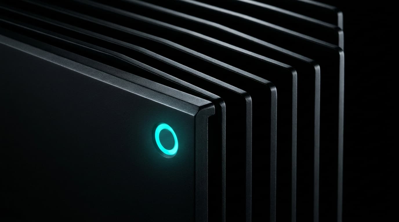 A matte-black aluminum heatsink with a single bio-cyan LED — where inference actually runs.