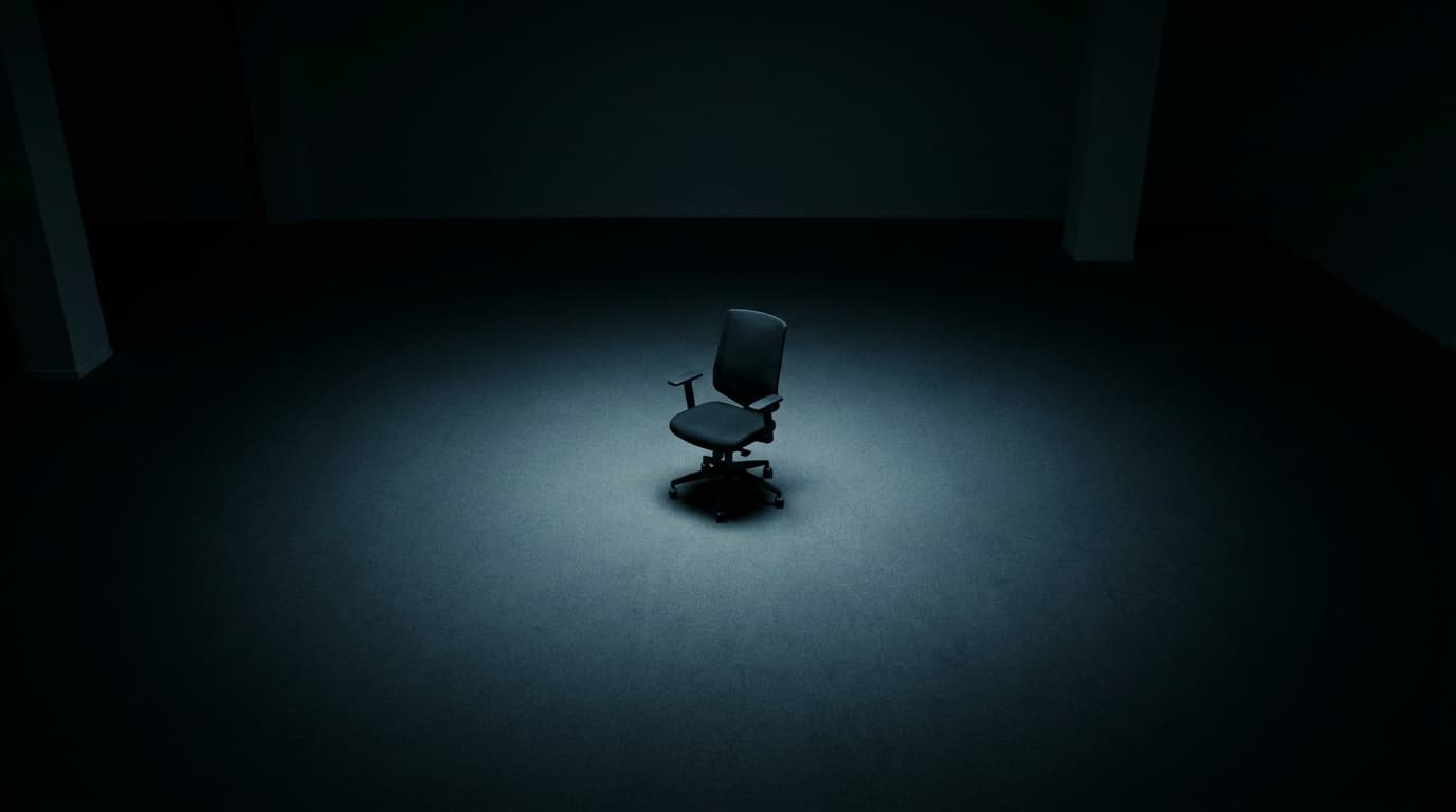 A single empty matte-black office chair in a vast empty dark office under one cool spotlight.