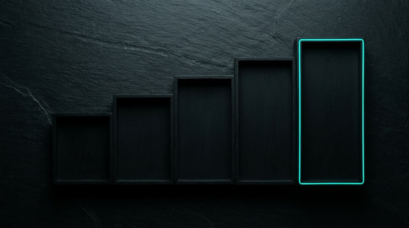 Five identical matte-black stacked trays of varying heights — the leaderboard.