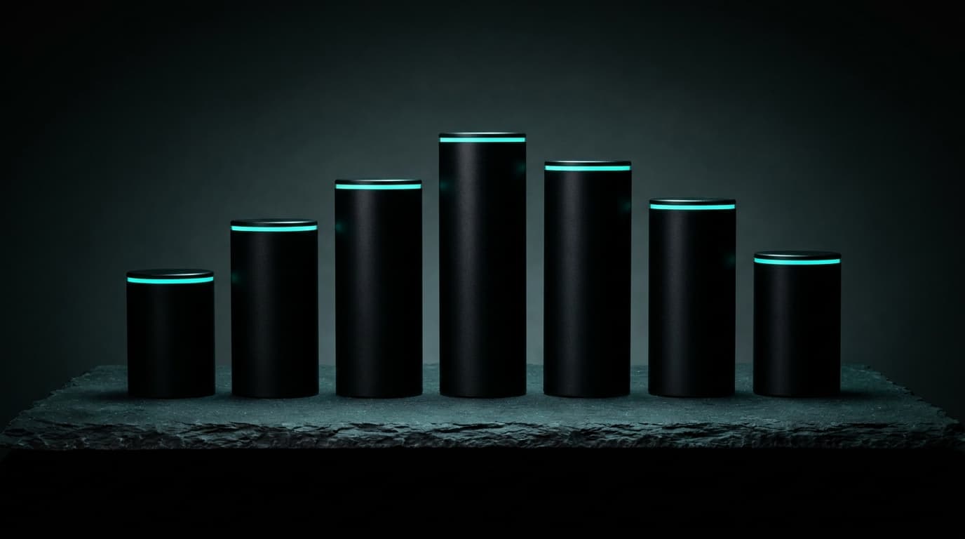 A row of seven matte-black machined cylinders of varying heights — every shipping AI model.