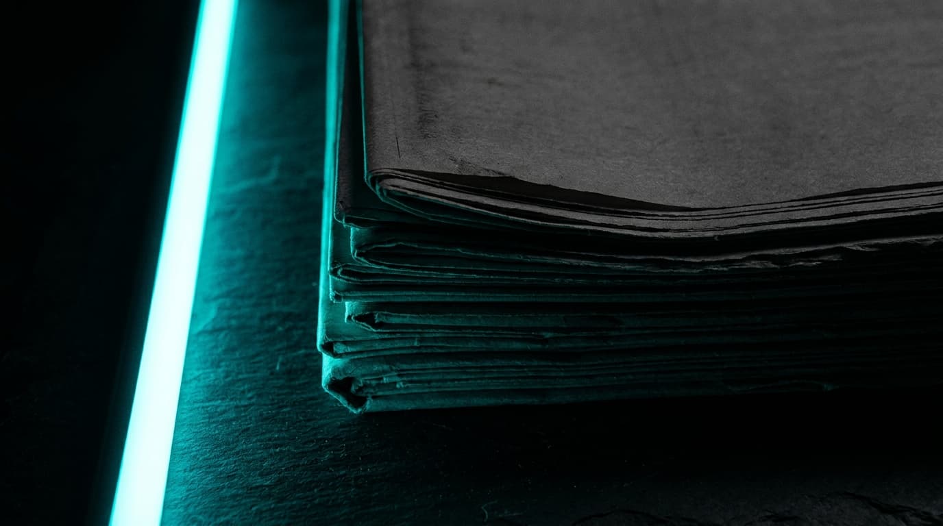 A precise stack of folded dark newsprint pages with a bio-cyan light strip along one edge.