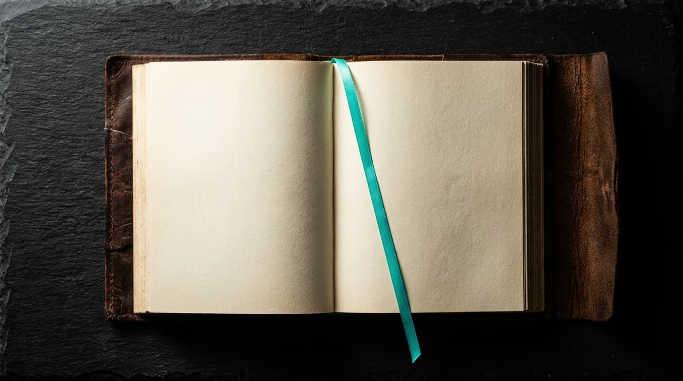 An open dark leather folio with a bio-cyan bookmark — open-weight models are the field's library.