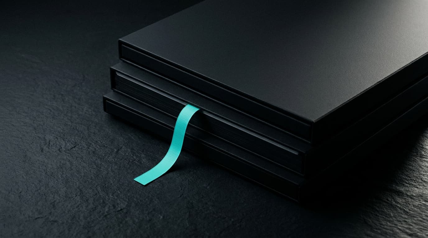 A precise stack of three dark sealed folders with a bio-cyan ribbon — compliance is paperwork done right.