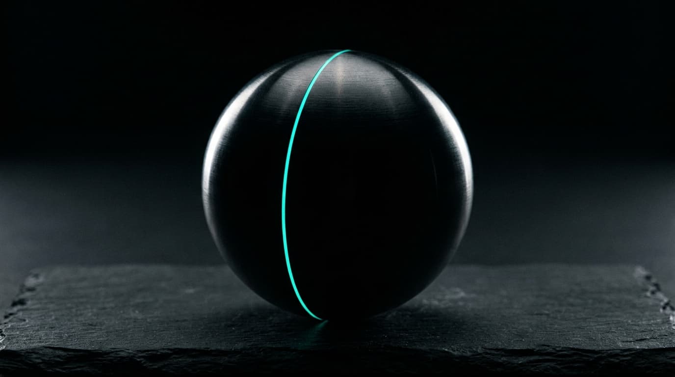 A matte-black machined globe with a single bio-cyan equatorial line — where data lives matters.