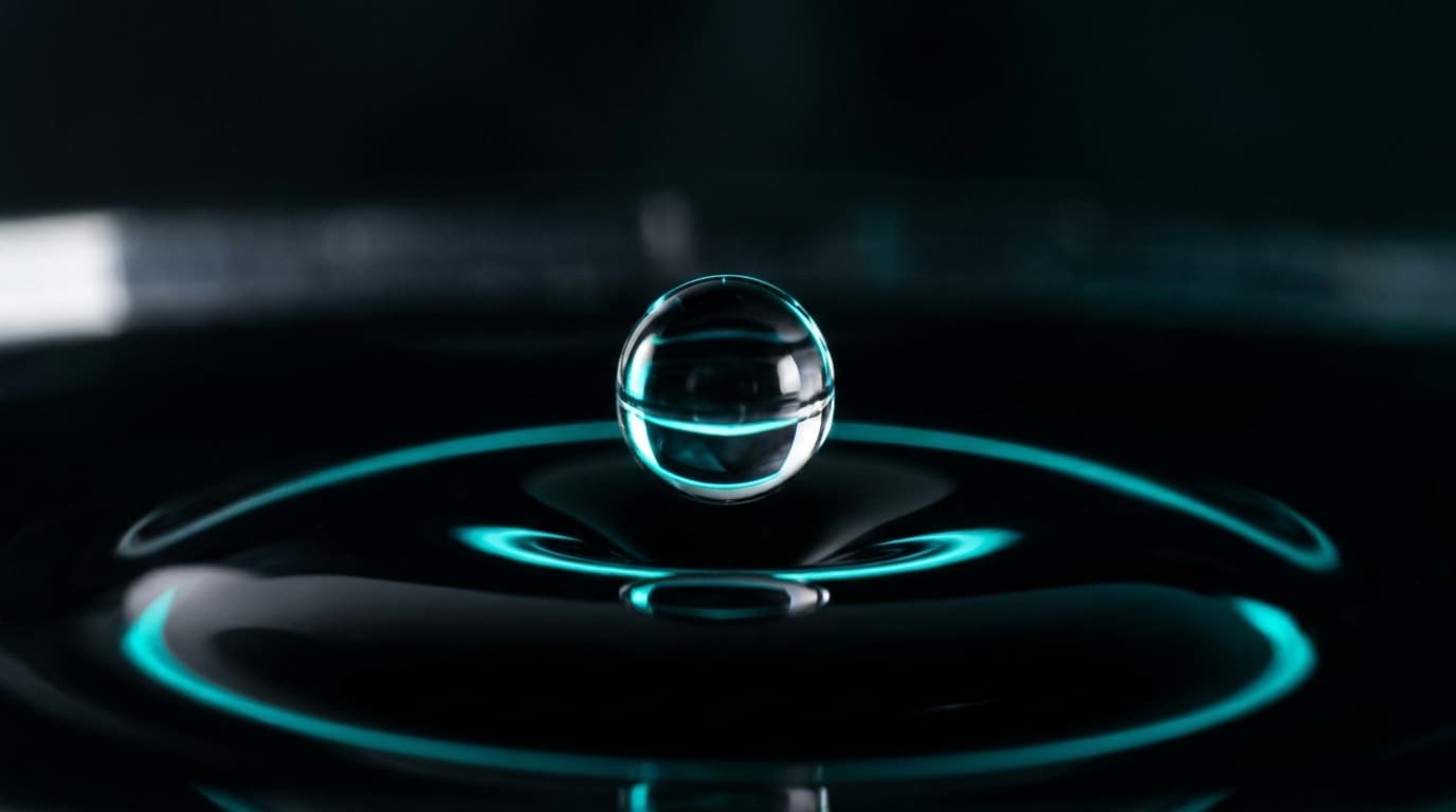 A single drop of liquid suspended above a perfectly still dark pool — prompt injection is one drop.