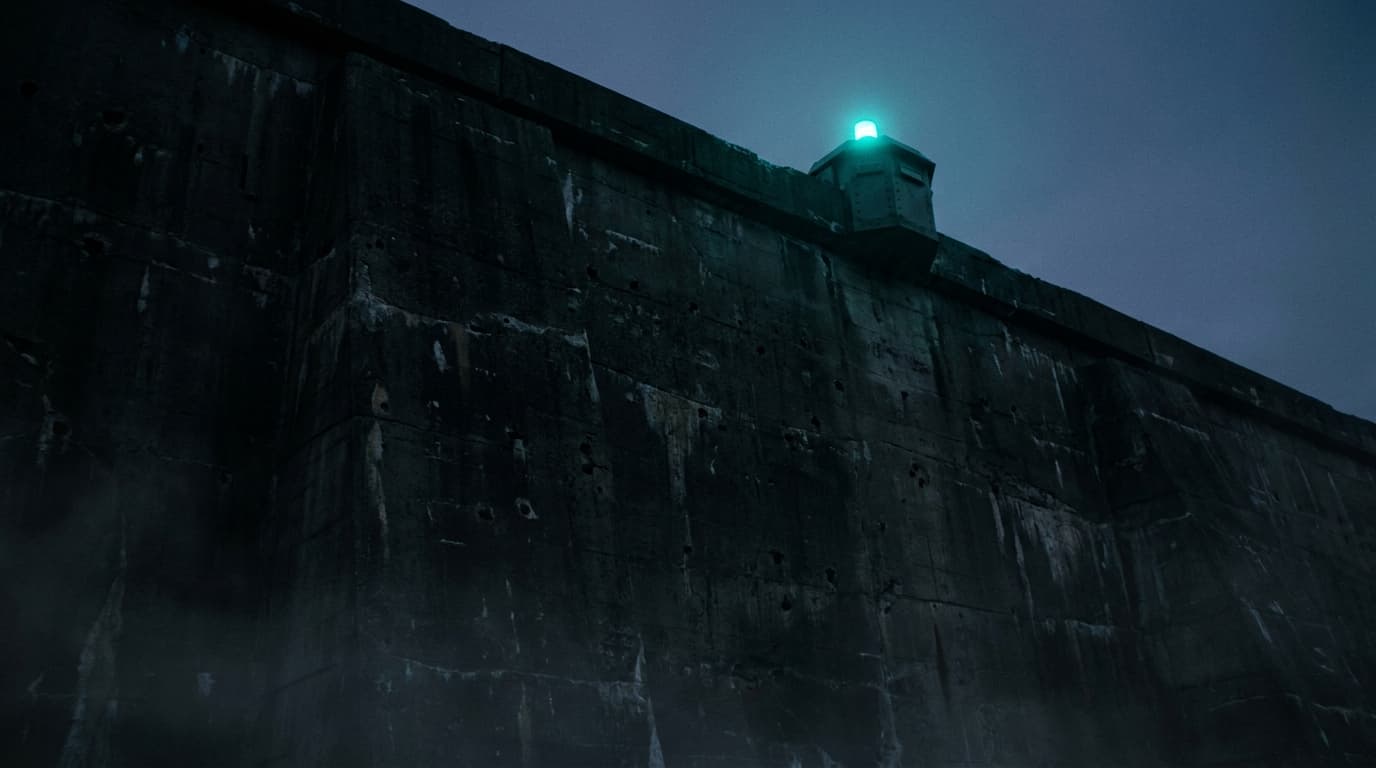 A massive dark concrete fortress wall from below, single bio-cyan watchpoint at the top.